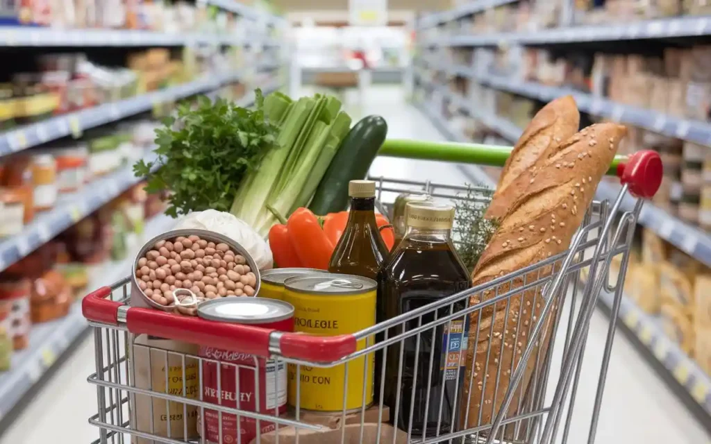 A grocery shopping cart filled with budget-friendly Mediterranean staples.