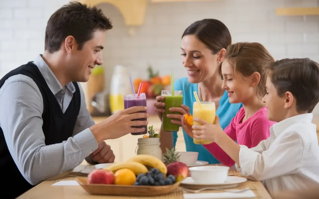 A family enjoying Mediterranean diet smoothies together.
