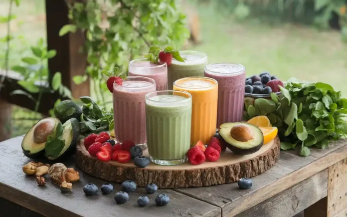 A colorful array of Mediterranean diet smoothies with fresh fruits and greens.