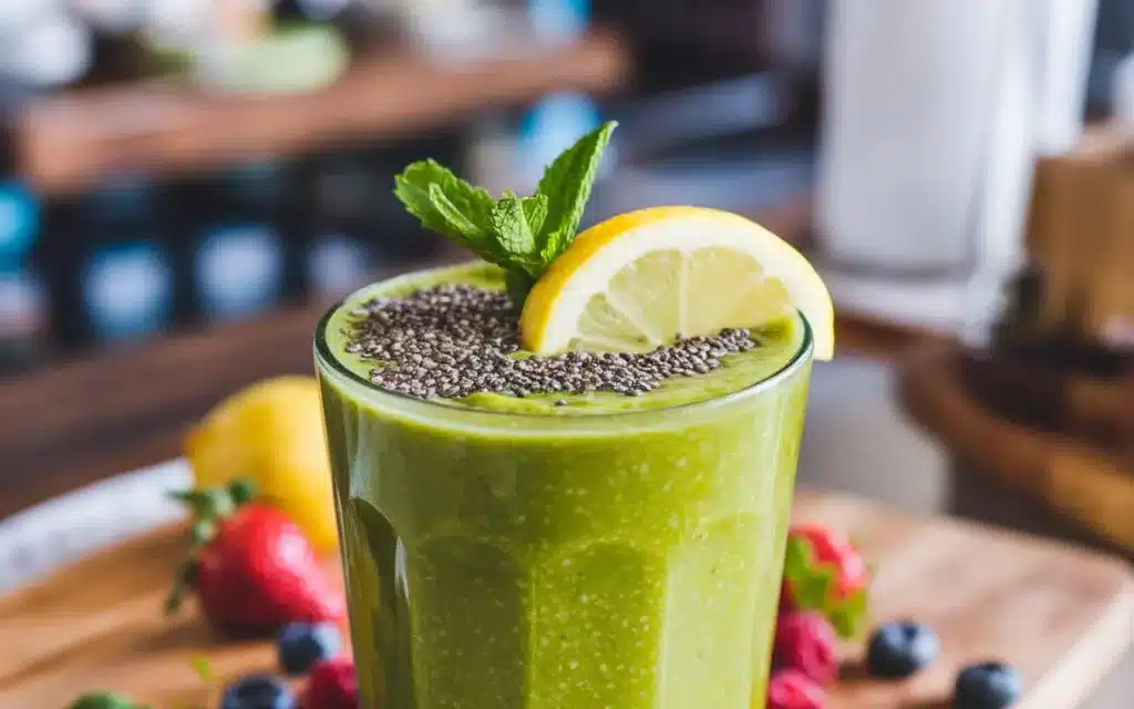 A close-up of a green Mediterranean diet smoothie with fresh toppings.