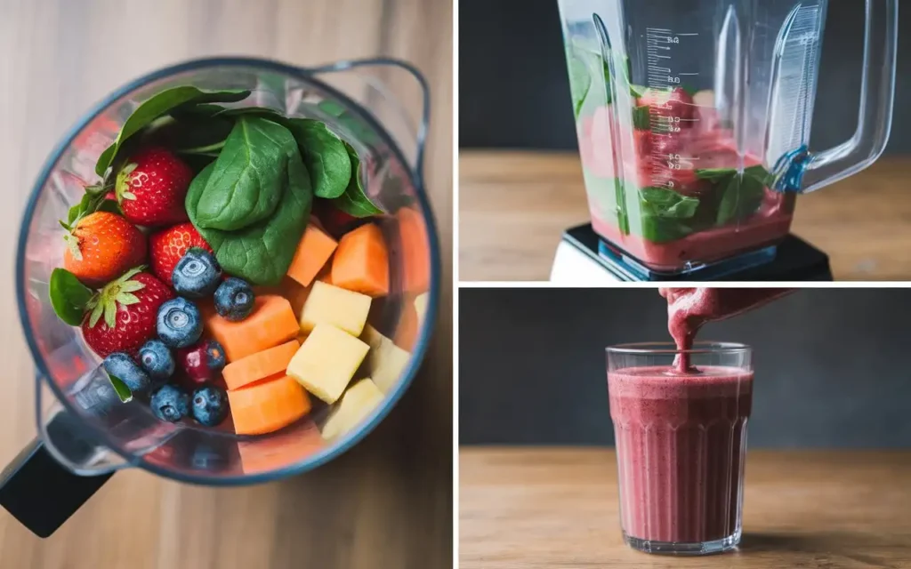 A step-by-step preparation of a Mediterranean diet smoothie.
