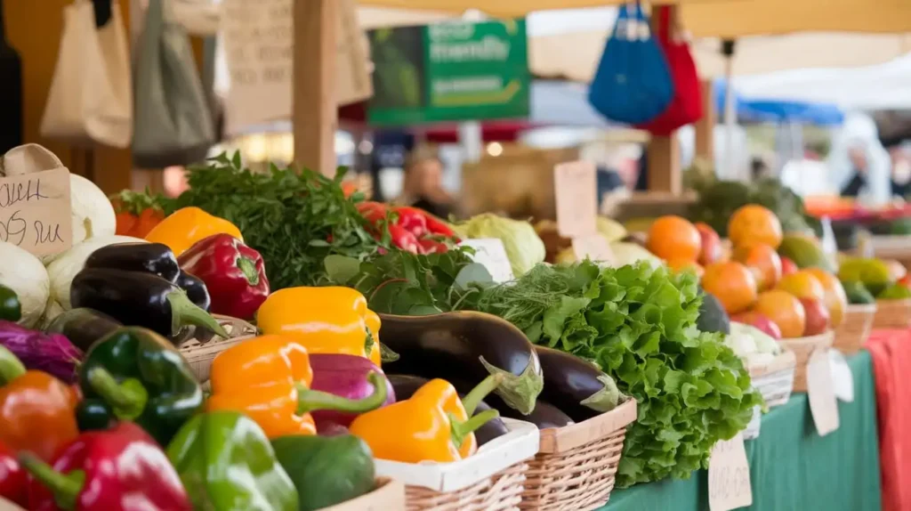 Fresh mediterranean diet vegetarian produce displayed at a local farmer’s market. 
