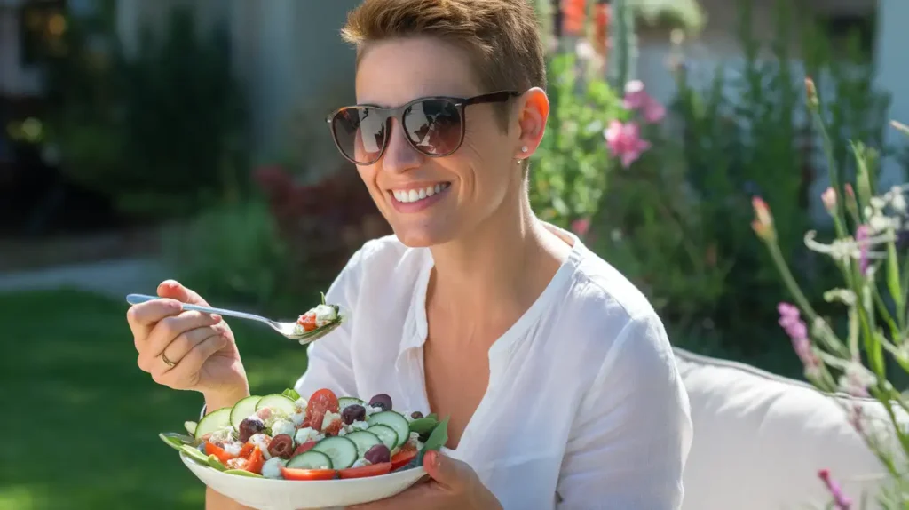 A happy woman enjoying a Mediterranean vegetarian salad outdoors in a sunny garden.