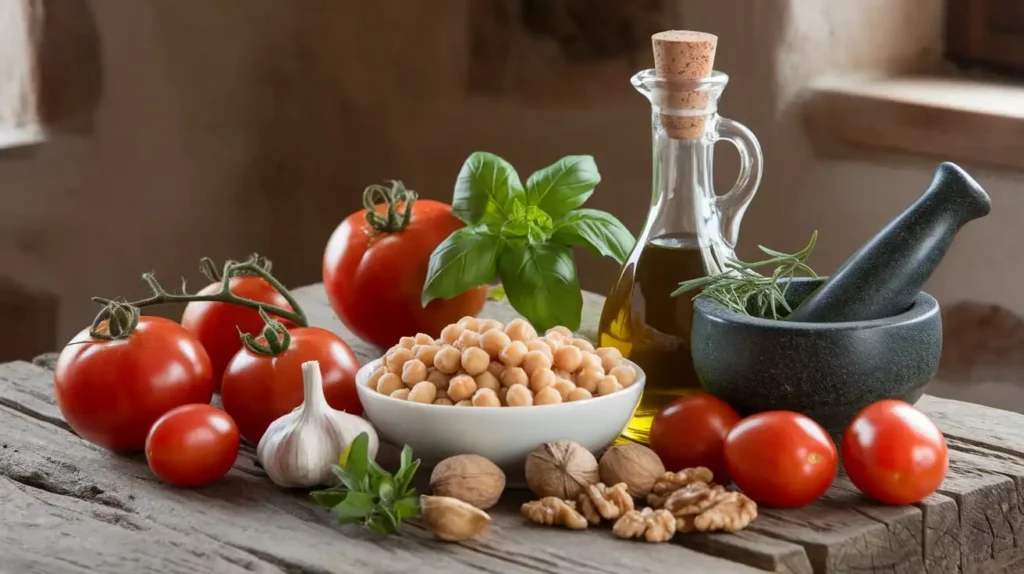 Fresh Mediterranean vegetarian ingredients like tomatoes, basil, chickpeas, and olive oil on a wooden table.
