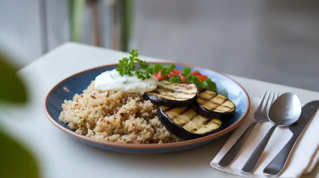 A Mediterranean vegetarian meal with quinoa, grilled vegetables, and tzatziki sauce.