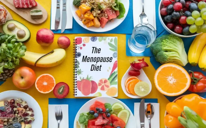 A balanced meal on a table with fruits, vegetables, and a diet plan notebook, representing the menopause diet 5 day plan to lose weight