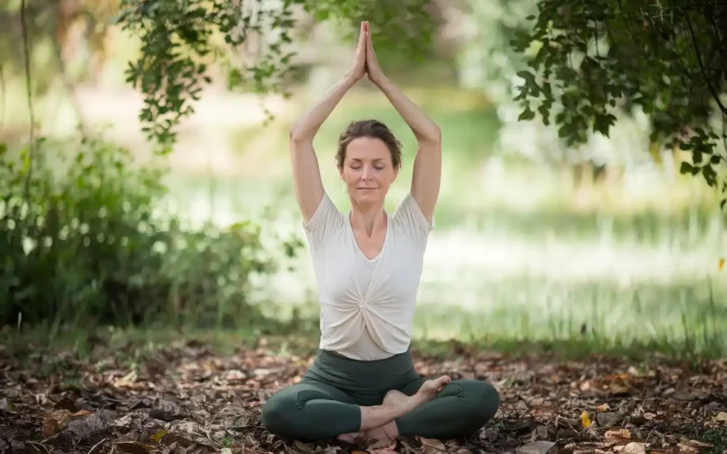 A woman performing yoga outdoors as part of the menopause diet 5 day plan to lose weight.