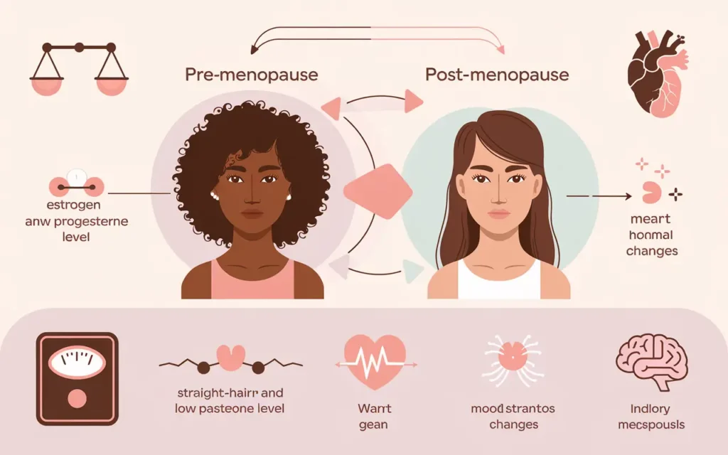 Illustration of hormonal changes during menopause with diagrams