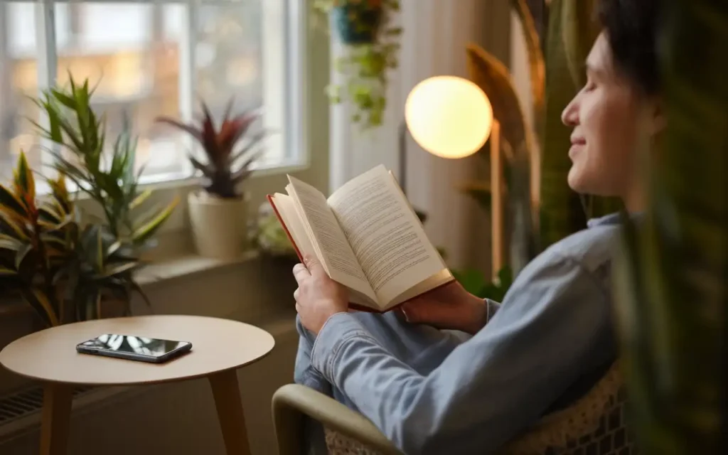 Person reading a book and smiling, enjoying the mental health benefits of social media fasting