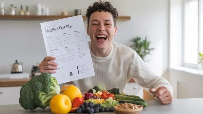 Person holding a Metaboost Diet Plan PDF with a healthy meal