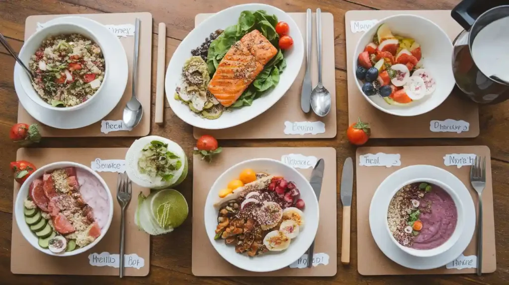 A meal plan layout with colorful, balanced meals