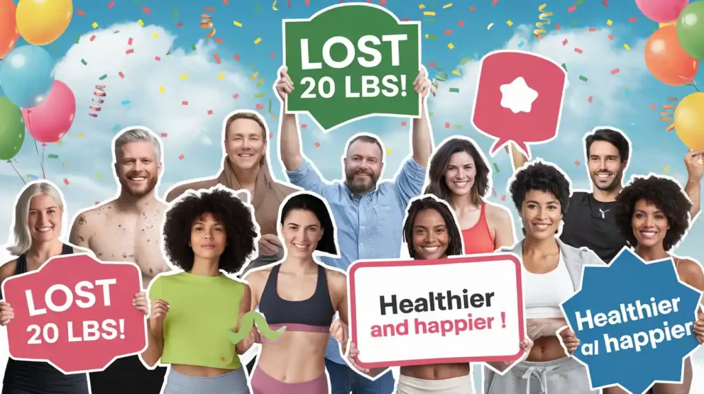 Smiling individuals holding signs with weight loss achievements