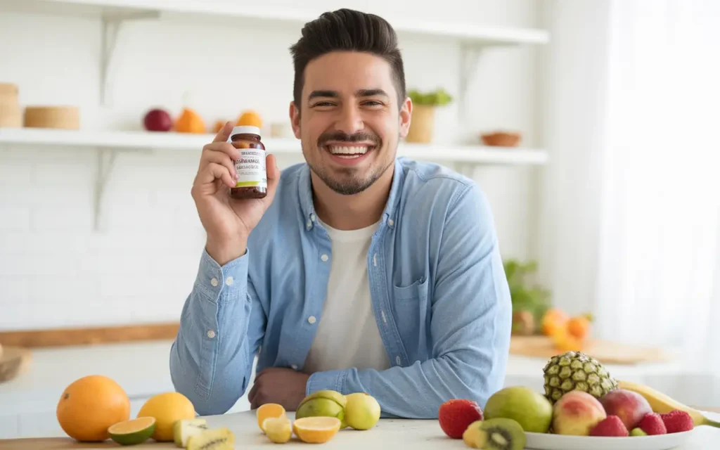 A person holding a bottle of Mexican diet pills, smiling.