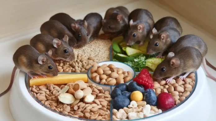 Healthy diet setup for mice with fresh food and water.