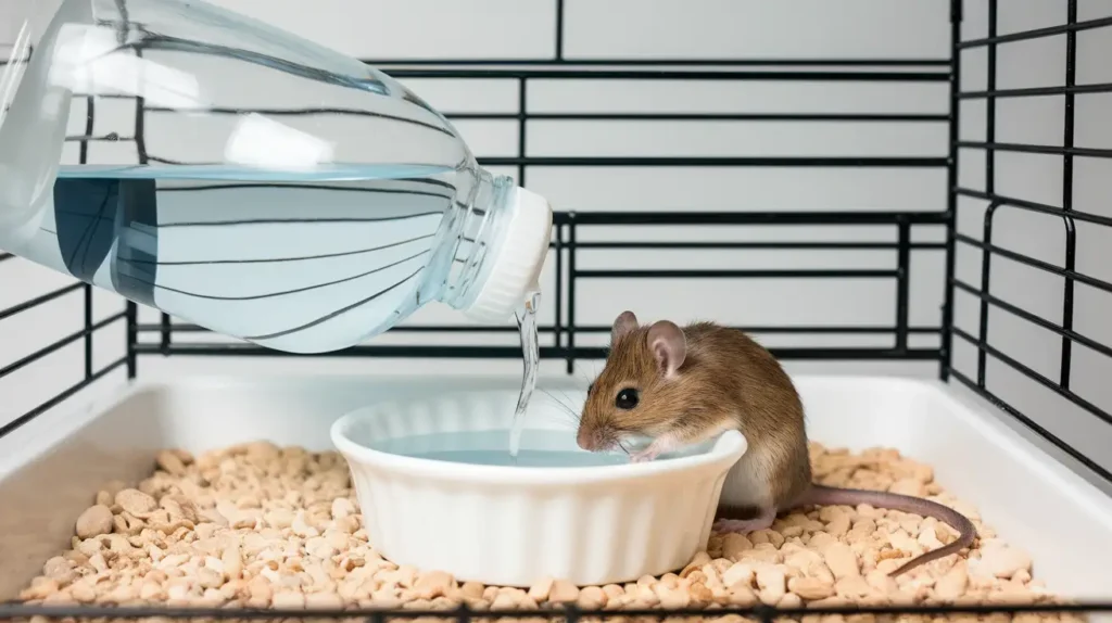 Hydration setup for mice, including water bottles and fresh water.