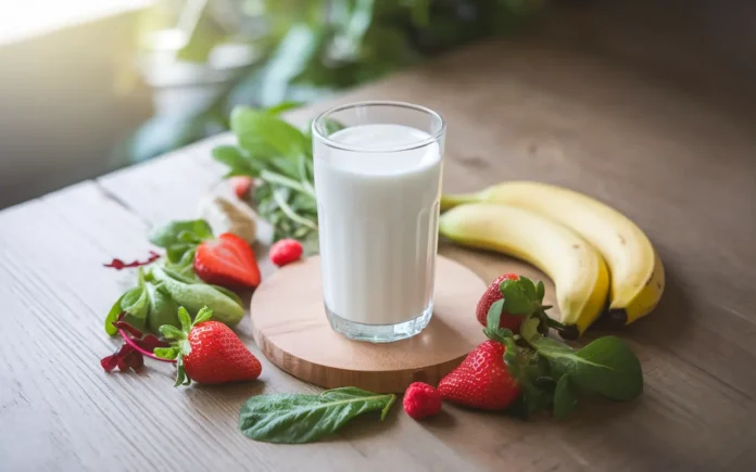 A refreshing glass of milk surrounded by healthy fruits and vegetables, representing the milk diet