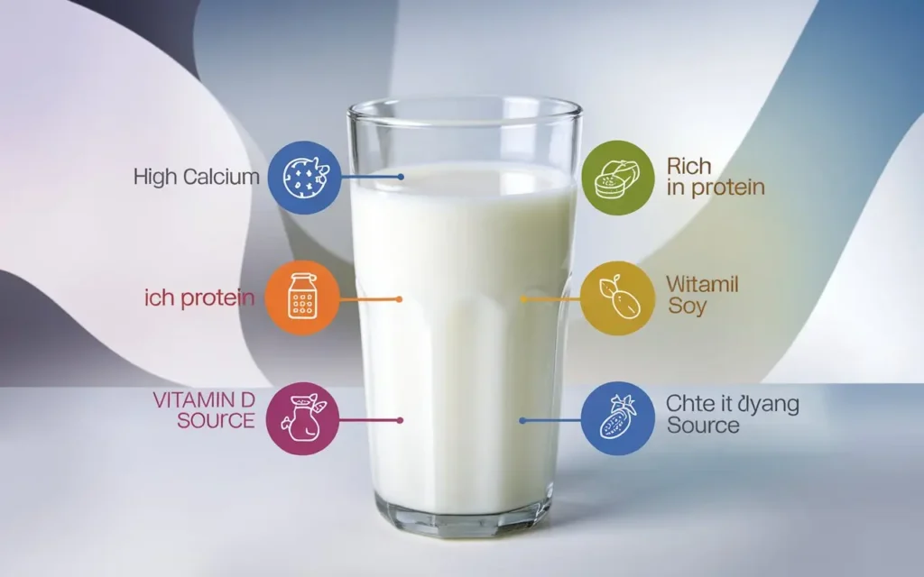 A chart showing the nutritional benefits of milk, focusing on calcium and protein