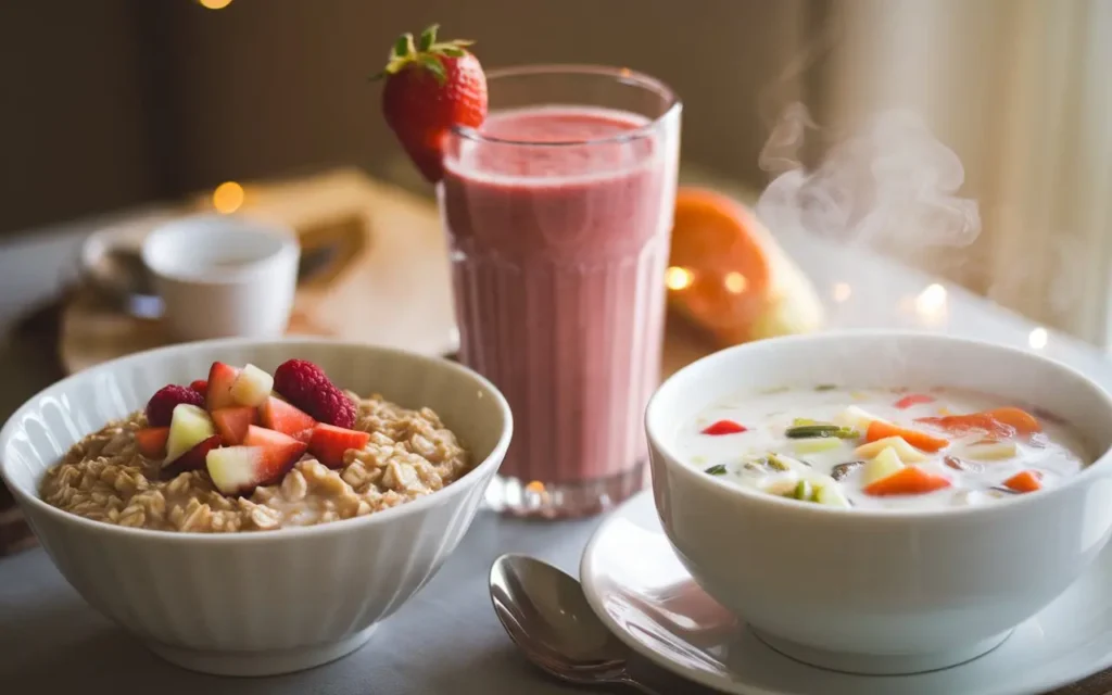 A table set with milk-based dishes, including oatmeal, a smoothie, and a soup