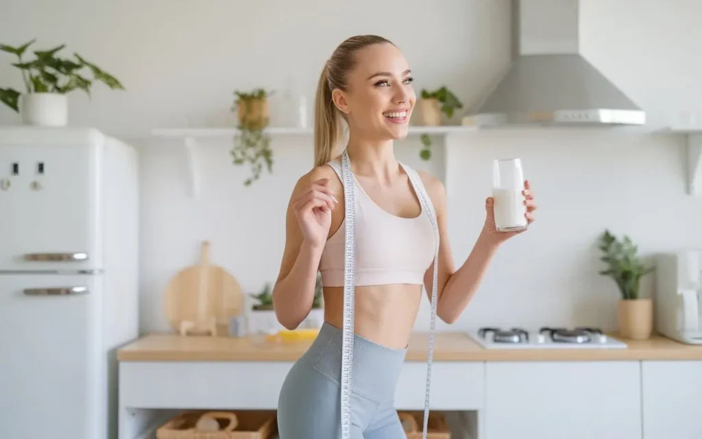 A woman holding a glass of milk and measuring her waist with a tape measure