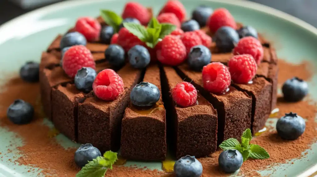 A modern Mediterranean-inspired olive oil chocolate cake topped with fresh berries and a drizzle of honey.