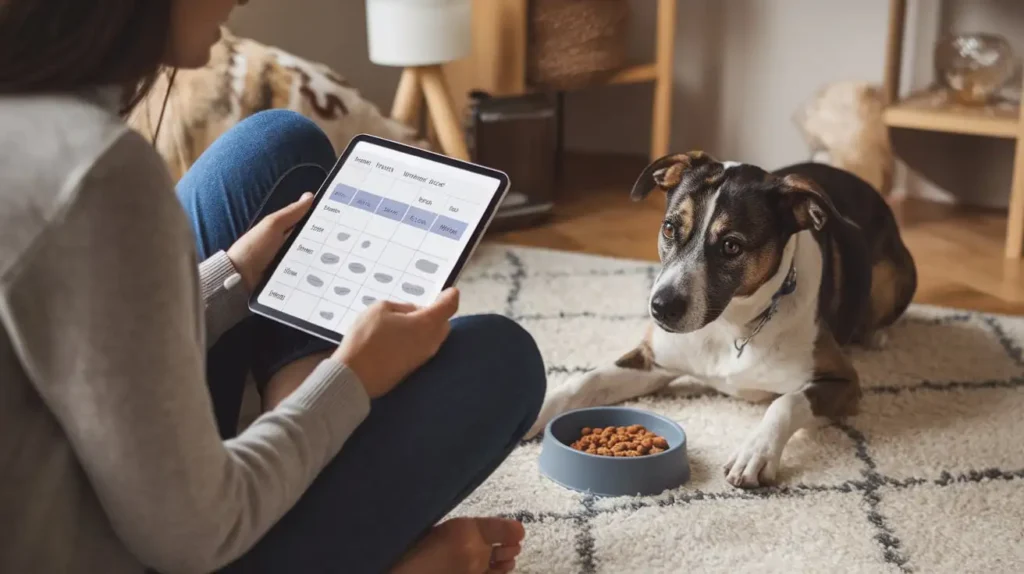 Pet owner monitoring a dog’s diet plan for liver health.
