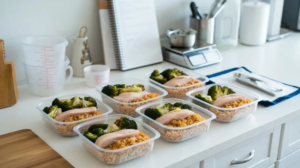 Meal prep for a muscle gain diet plan with pre-portioned meals