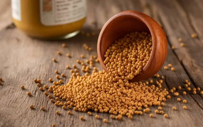 A close-up of mustard seeds and a jar of mustard on a wooden table, symbolizing the mustard diet