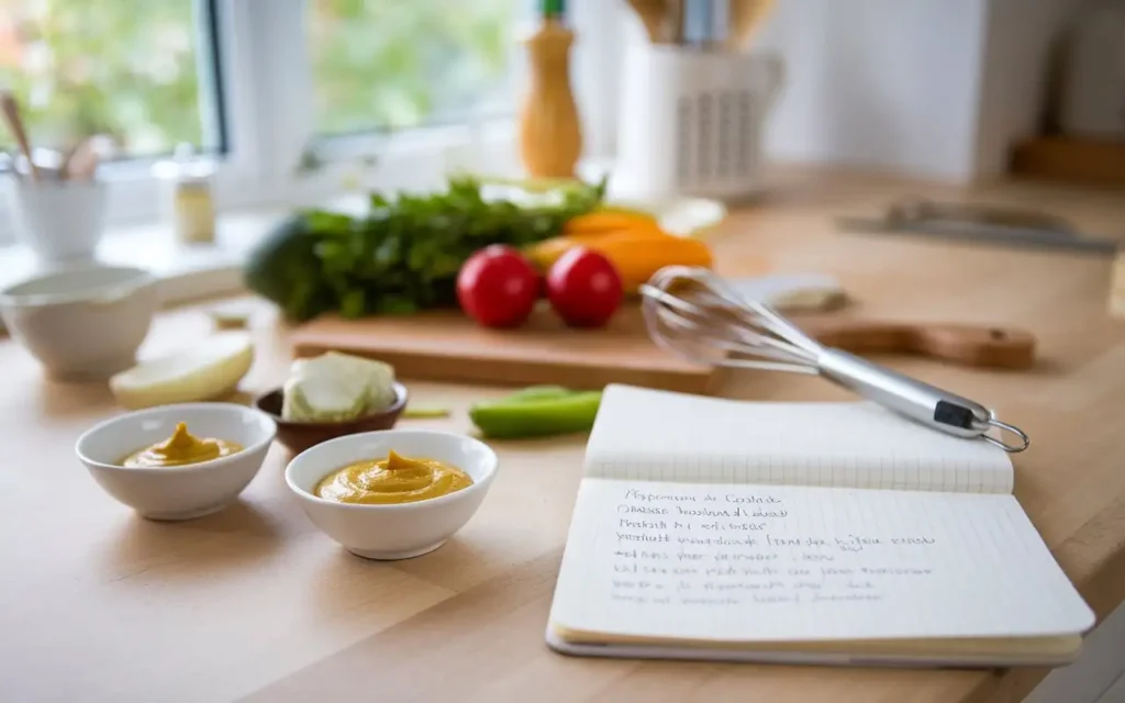 A kitchen counter with jars of mustard, fresh ingredients, and a recipe notebook, symbolizing mustard diet recipes