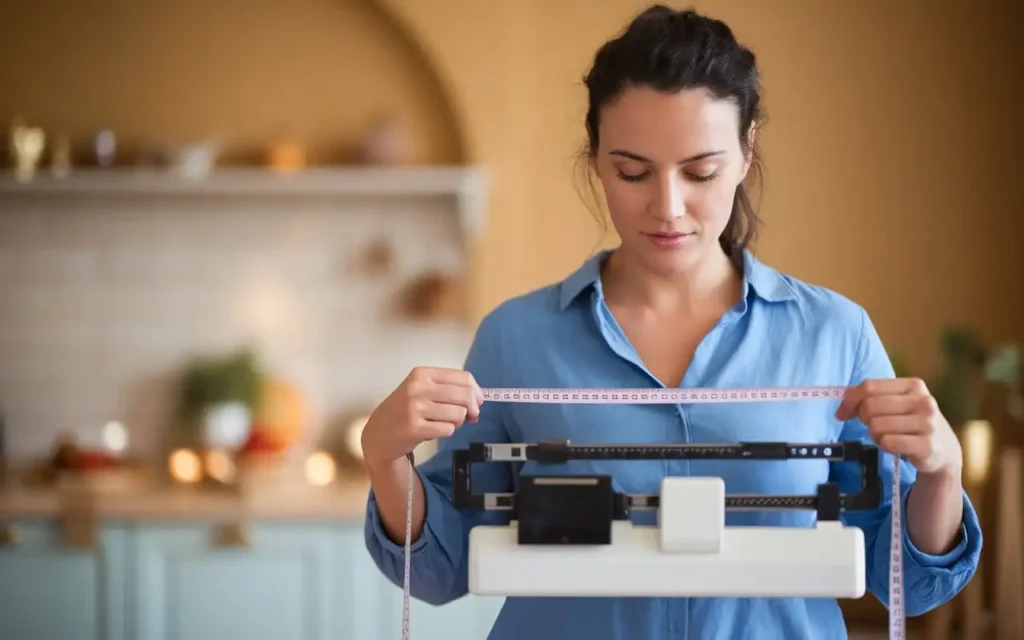 A smiling woman holding a tape measure around her waist, showcasing mustard diet success