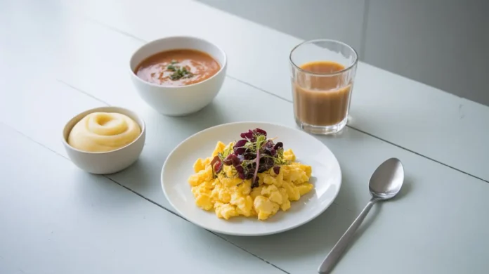 A comprehensive guide to the national dysphagia diet with various food textures on a wooden table.