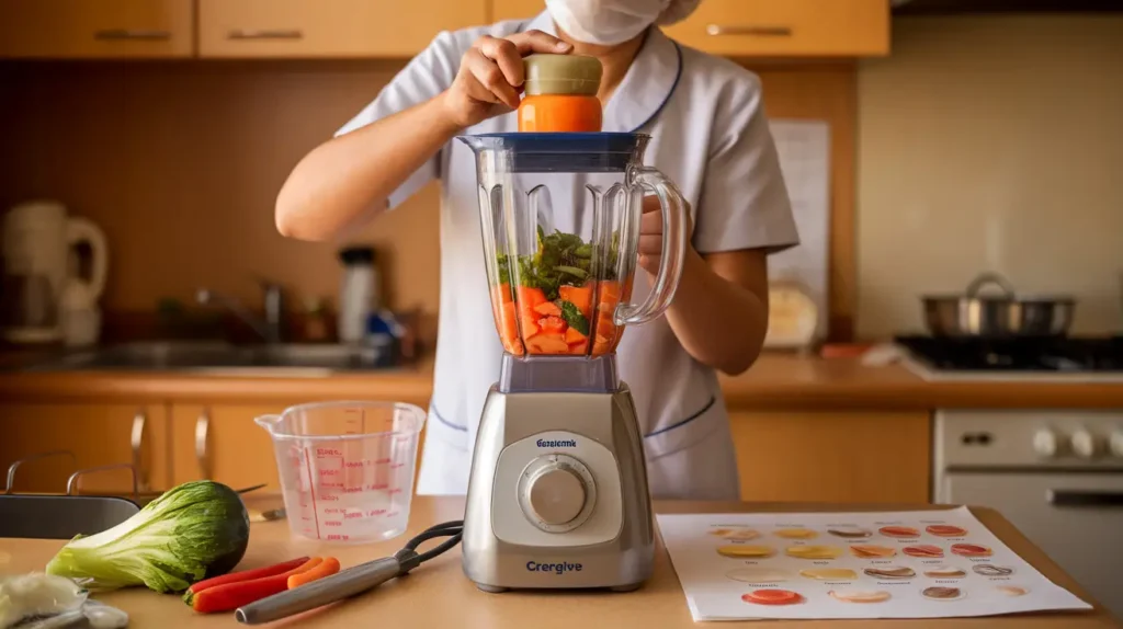 A caregiver preparing meals for the national dysphagia diet at home using a blender