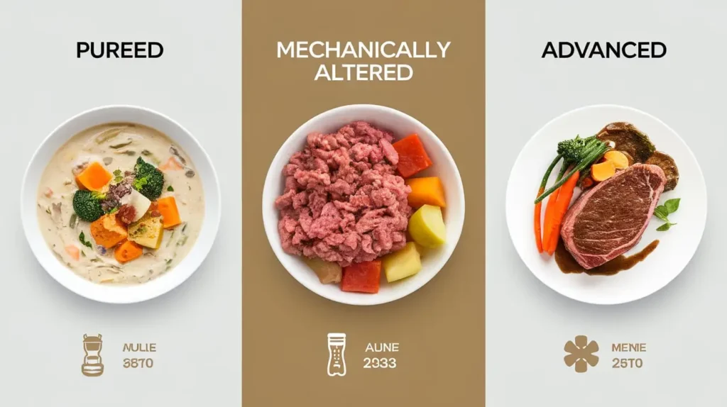 Examples of different food textures from the national dysphagia diet, labeled by level