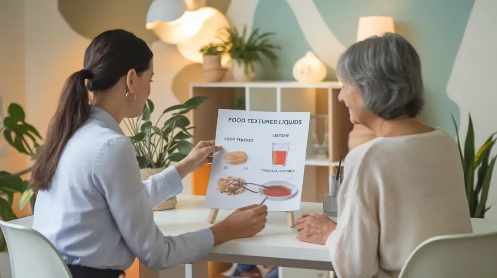 A healthcare professional explaining the national dysphagia diet to a patient