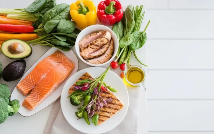 Fresh vegetables, lean protein, and healthy fats on a table representing the no starch diet.