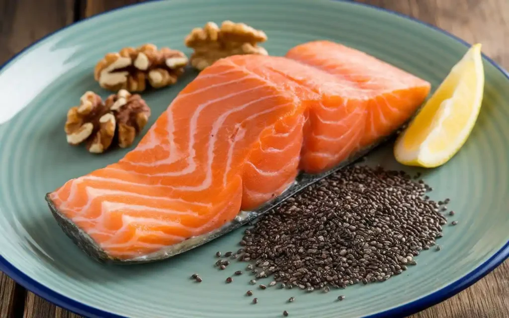 A plate showcasing omega-3 rich foods like salmon, chia seeds, and walnuts, beneficial for managing ovarian cysts.