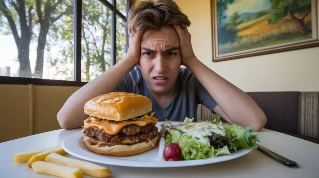 A person looking frustrated at a messy plate of unhealthy food, symbolizing dietary mistakes