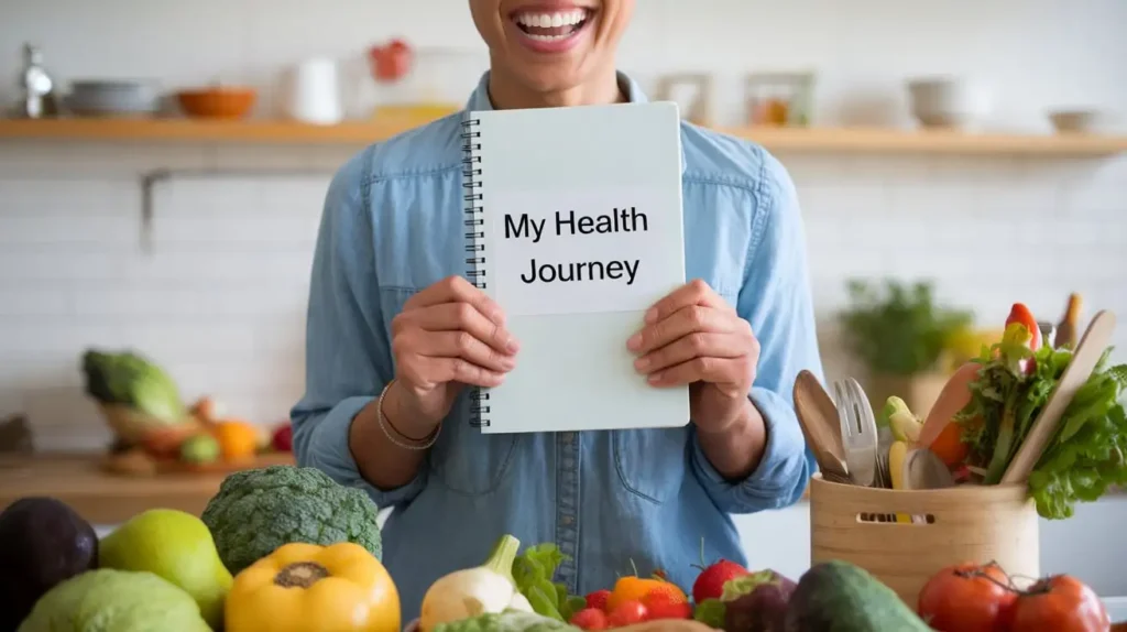 A smiling person holding a journal labeled 'My Health Journey' with visible weight loss progress.