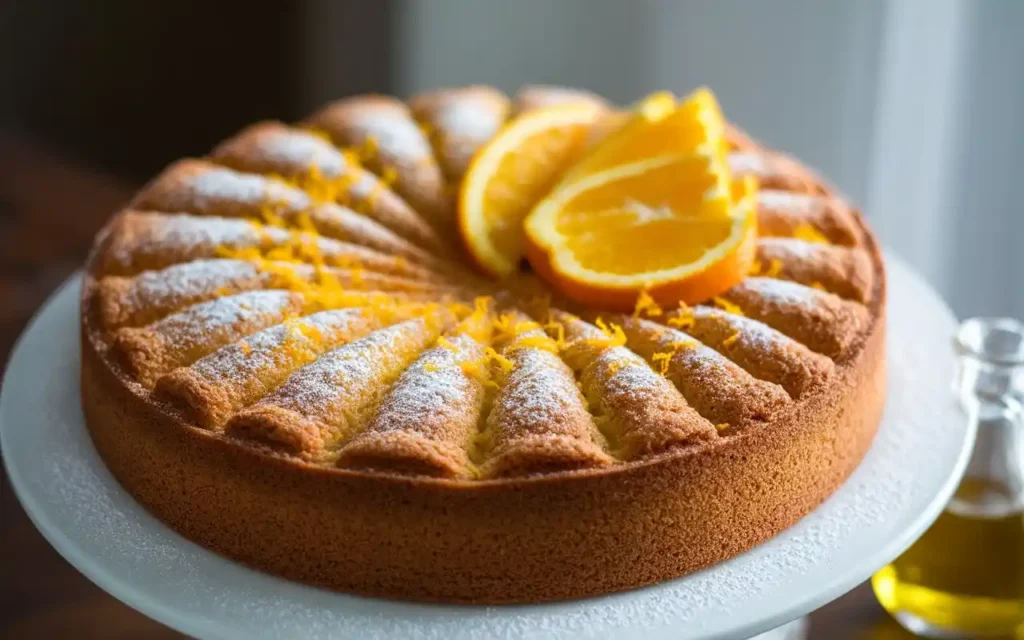 A moist orange and olive oil cake garnished with orange zest and powdered sugar.
