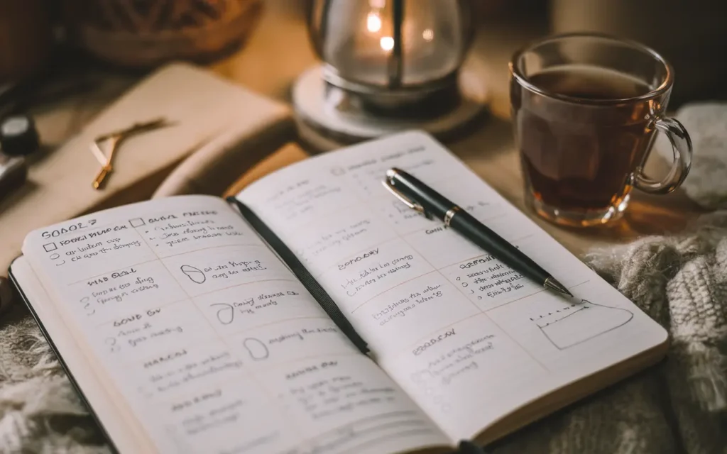 A person writing goals in a journal, representing progress in a long-term diet after gastric sleeve surgery.