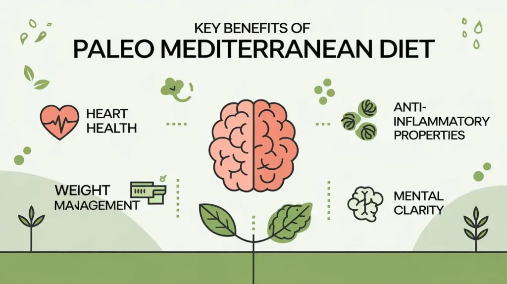 Infographic showcasing the top benefits of the Paleo Mediterranean Diet, including heart health, weight loss, and anti-inflammatory effects.