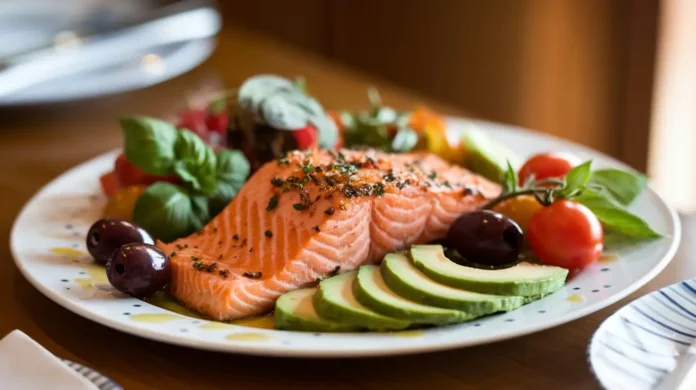 A colorful Mediterranean-inspired dish featuring grilled salmon, avocado, olives, tomatoes, and fresh greens, illustrating the Paleo Mediterranean Diet.