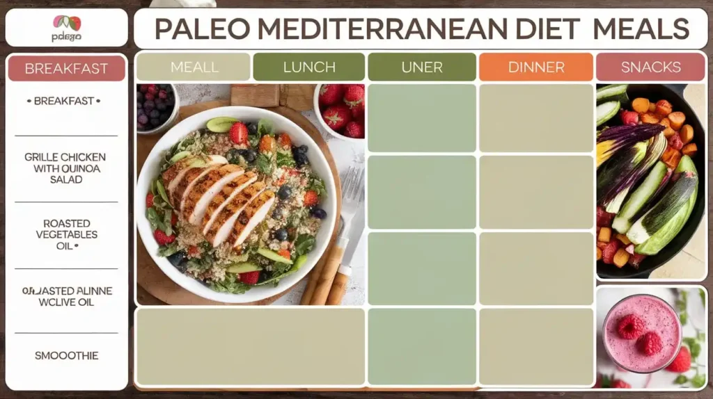 A weekly meal plan chart showcasing Paleo Mediterranean Diet meal options for breakfast, lunch, and dinner.