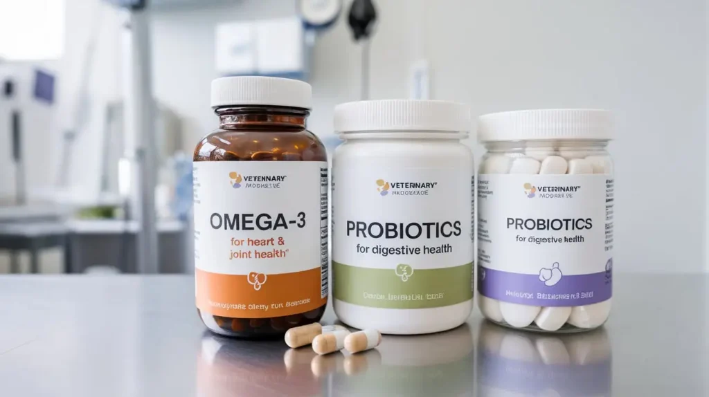 Nutritional supplements for dogs with pancreatitis, including omega-3 capsules and probiotics.