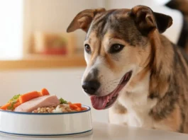 A dog eating a low-fat, vet-approved meal for pancreatitis recovery.