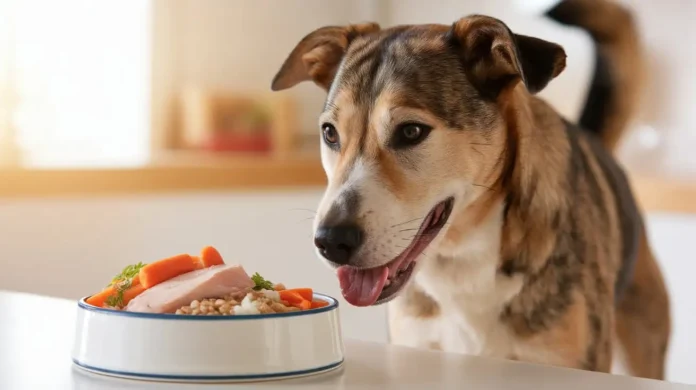 A dog eating a low-fat, vet-approved meal for pancreatitis recovery.