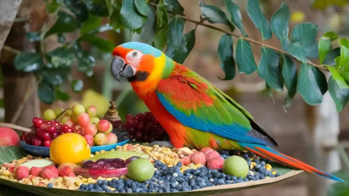 A colorful parrot eating a variety of fruits and seeds from a bowl