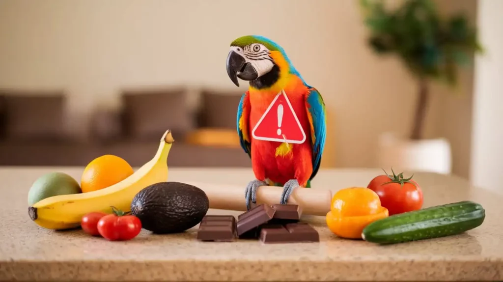 A parrot surrounded by unsuitable foods like avocado and chocolate, marked with a red 'X