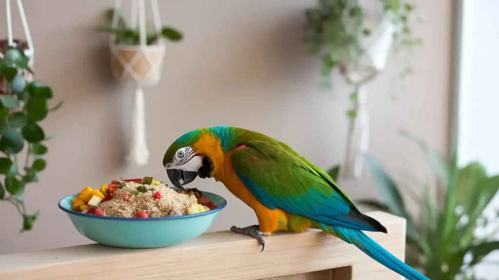 A parrot cautiously trying a new type of food from a colorful bowl