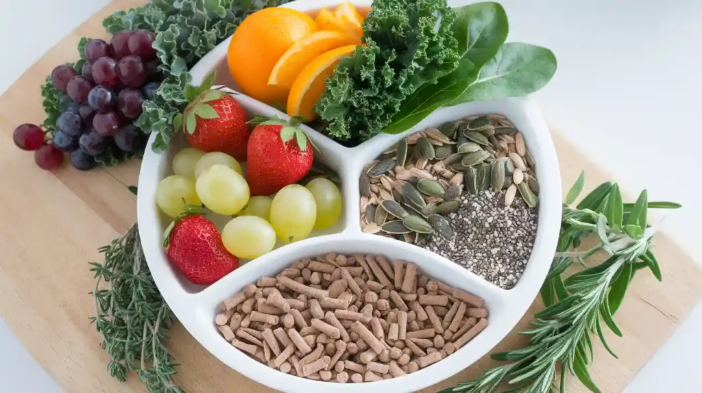 A plate with a mix of fruits, vegetables, seeds, and pellets arranged neatly.