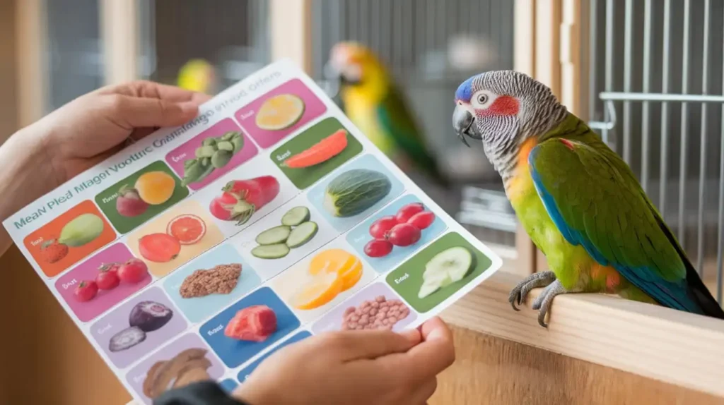 A parrot owner holding a meal plan chart with food options for a parrot